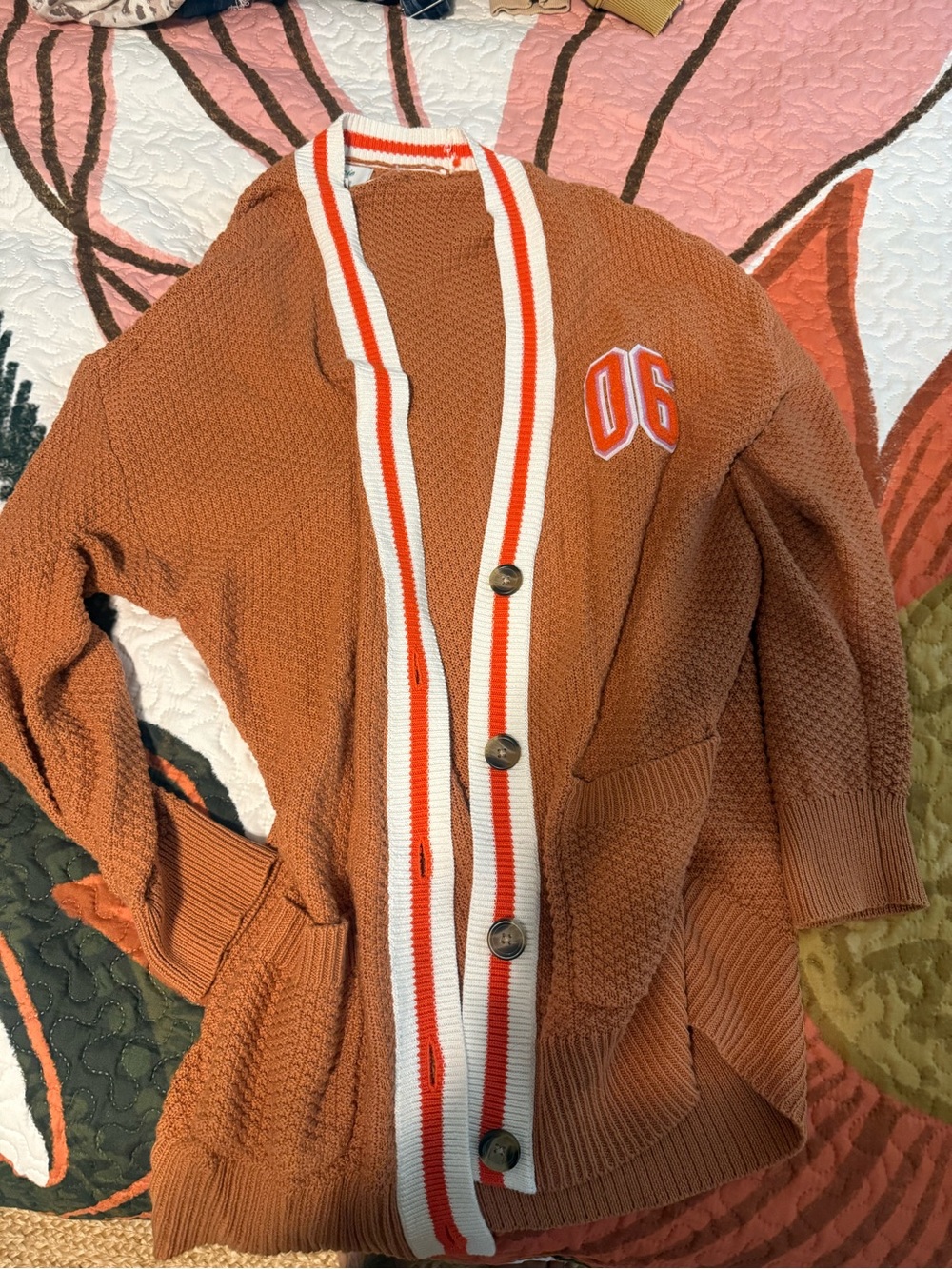 Women’s aerie Rust Open-Front Cardigan Sweater with Stripe Trim